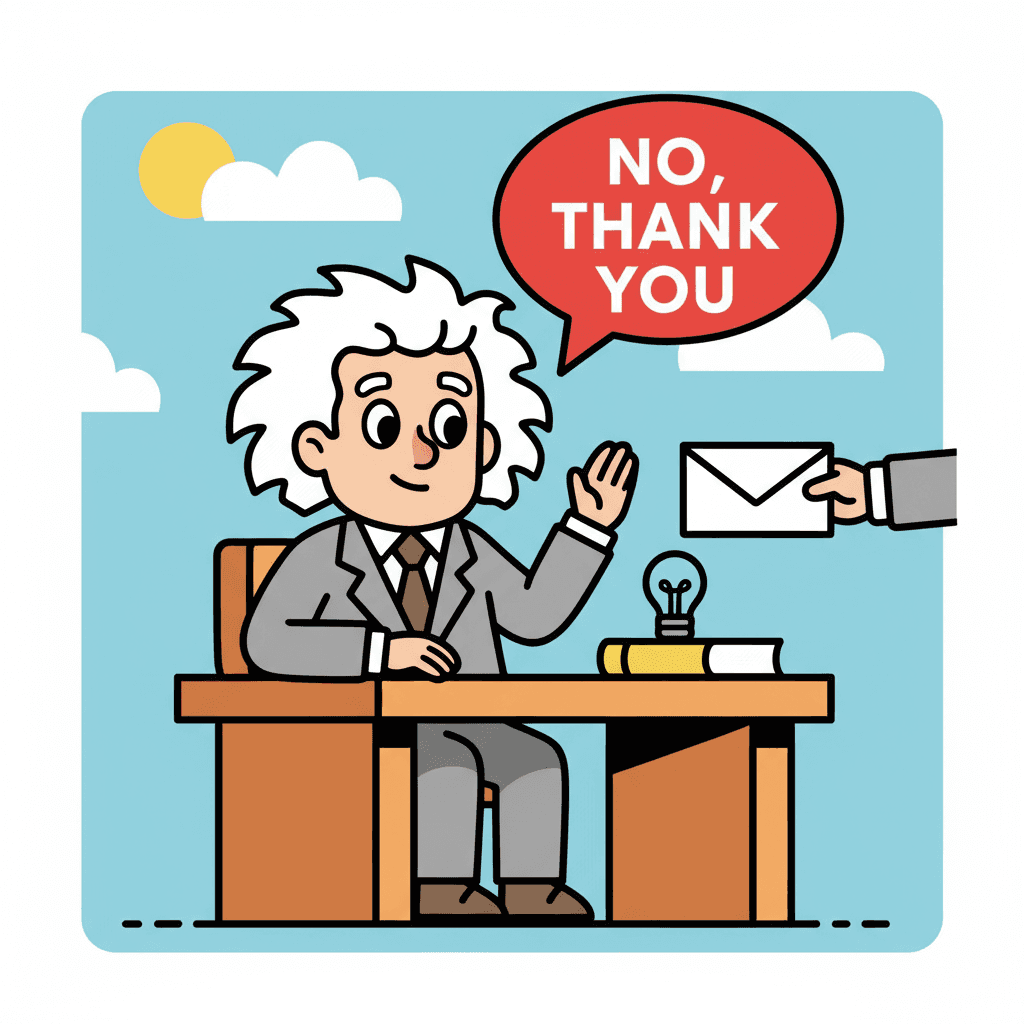 sentado à mesa recusando educadamente uma carta