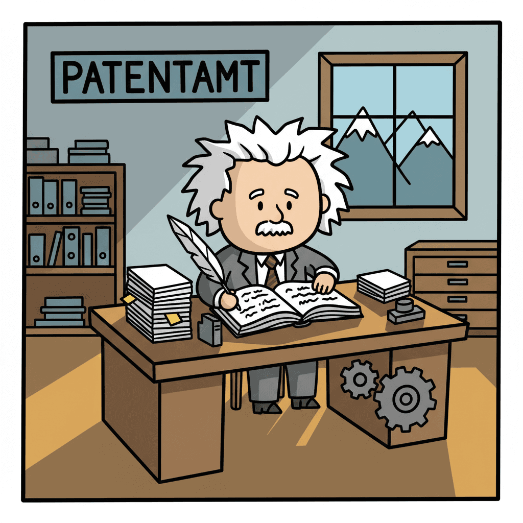 trabalhando em sua mesa no Escritório de Patentes da Suíça