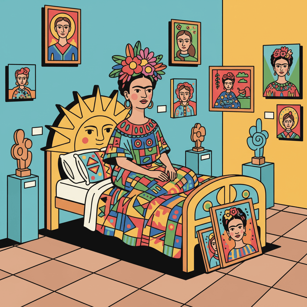 participando de uma exposição em sua própria cama