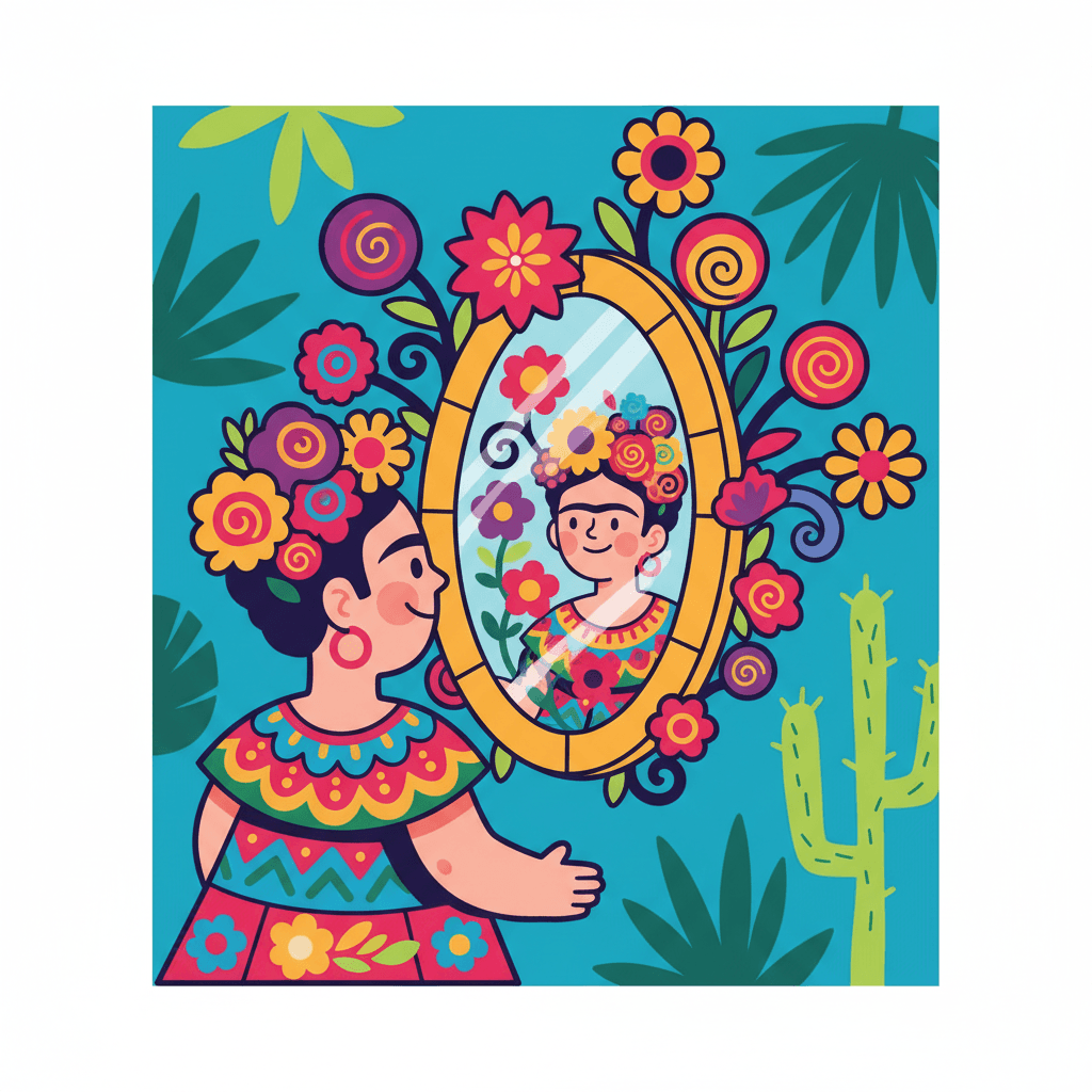 olhando no espelho com flores