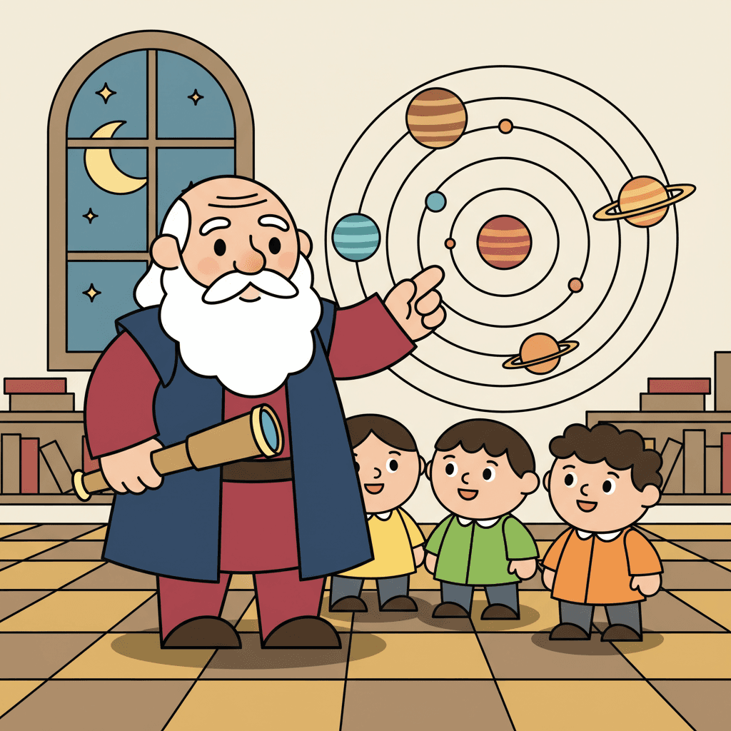 mostrando um modelo planetário aos alunos