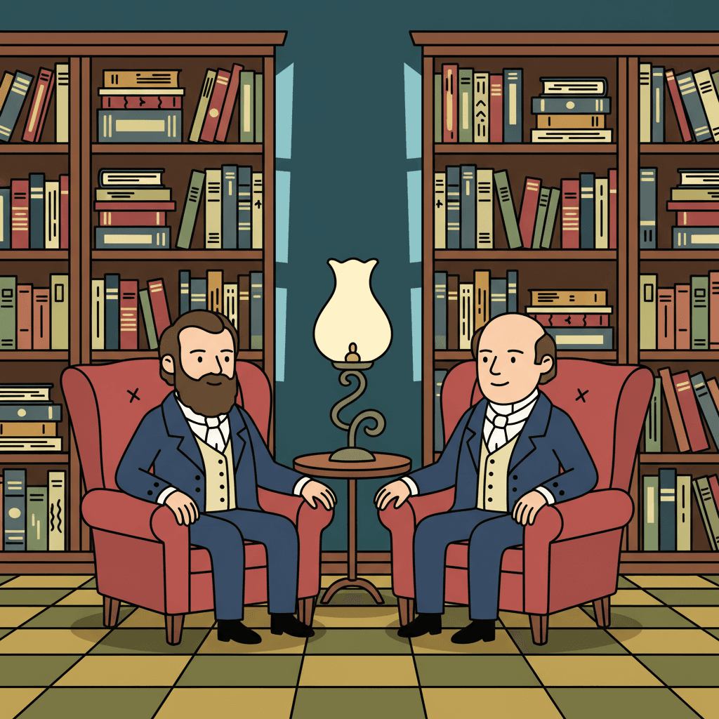 sentados em uma biblioteca cheia de livros