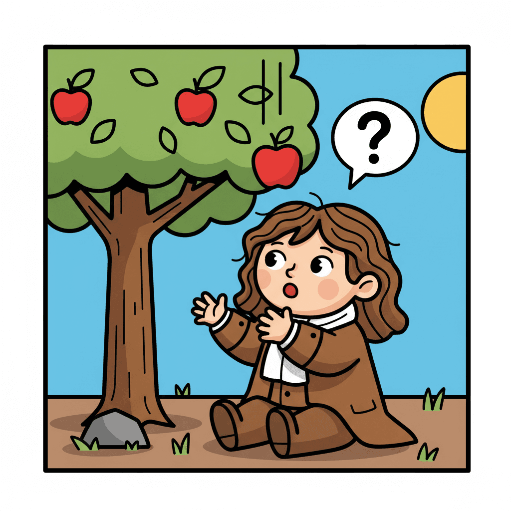estudando uma maçã caindo com curiosidade