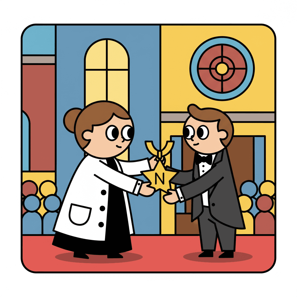 recebendo a medalha do Prêmio Nobel