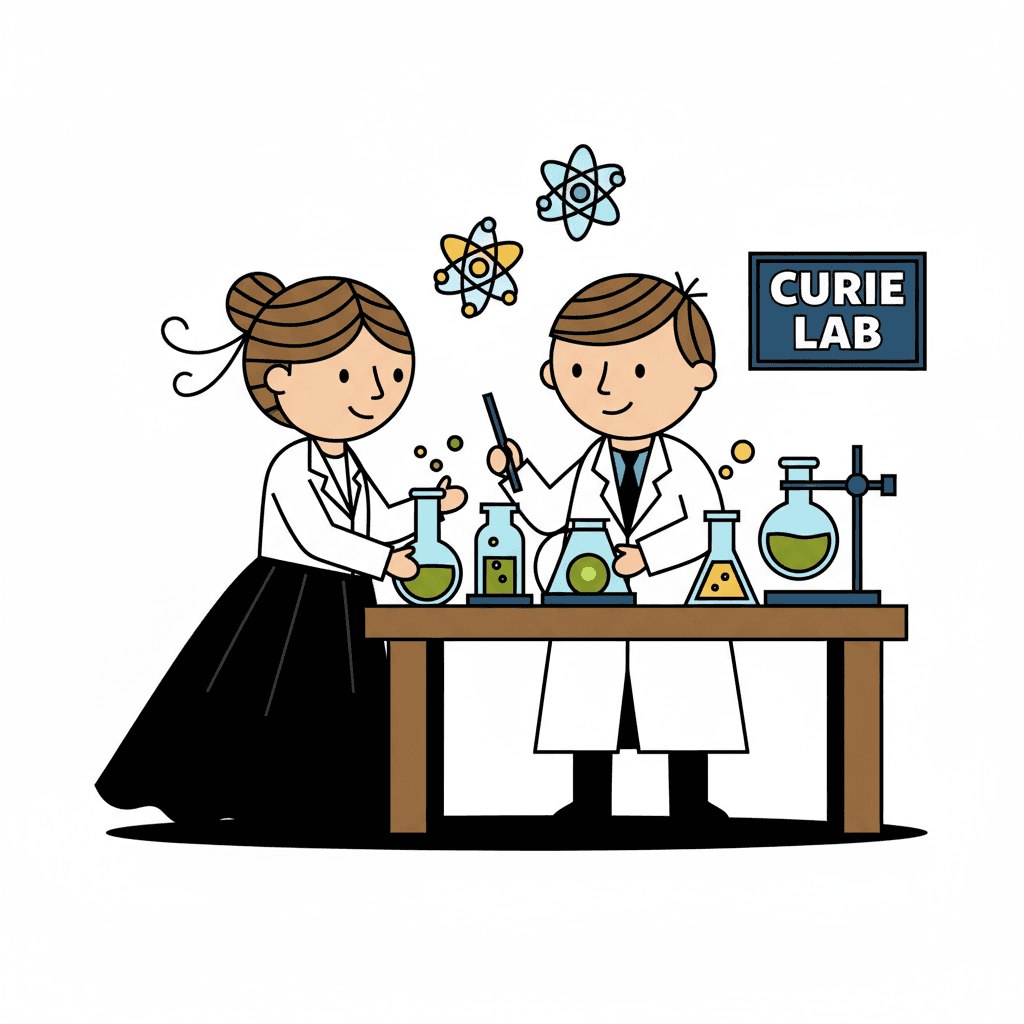 trabalhando com Pierre Curie no laboratório