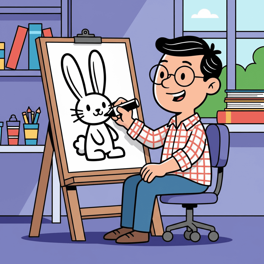 desenhando o coelhinho Sansão na prancheta