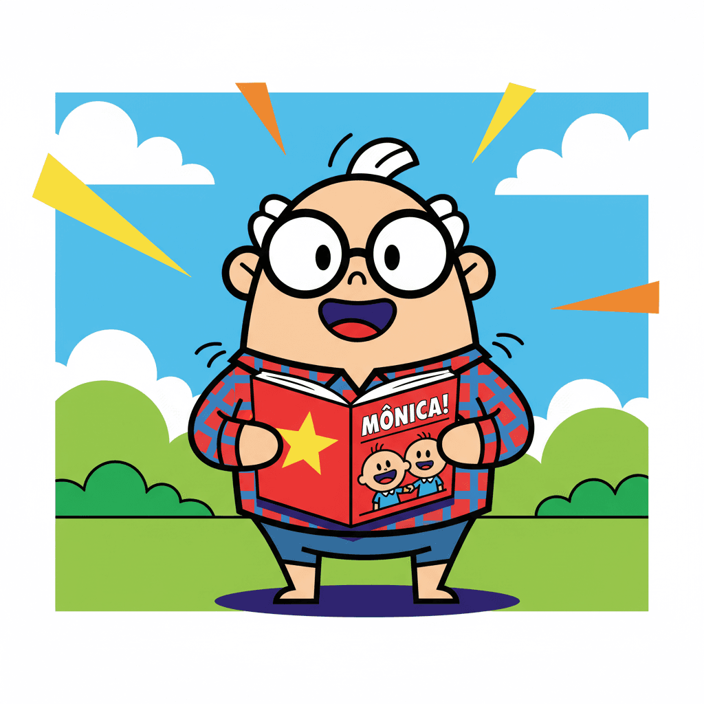 sorrindo com um gibi da Turma da Mônica