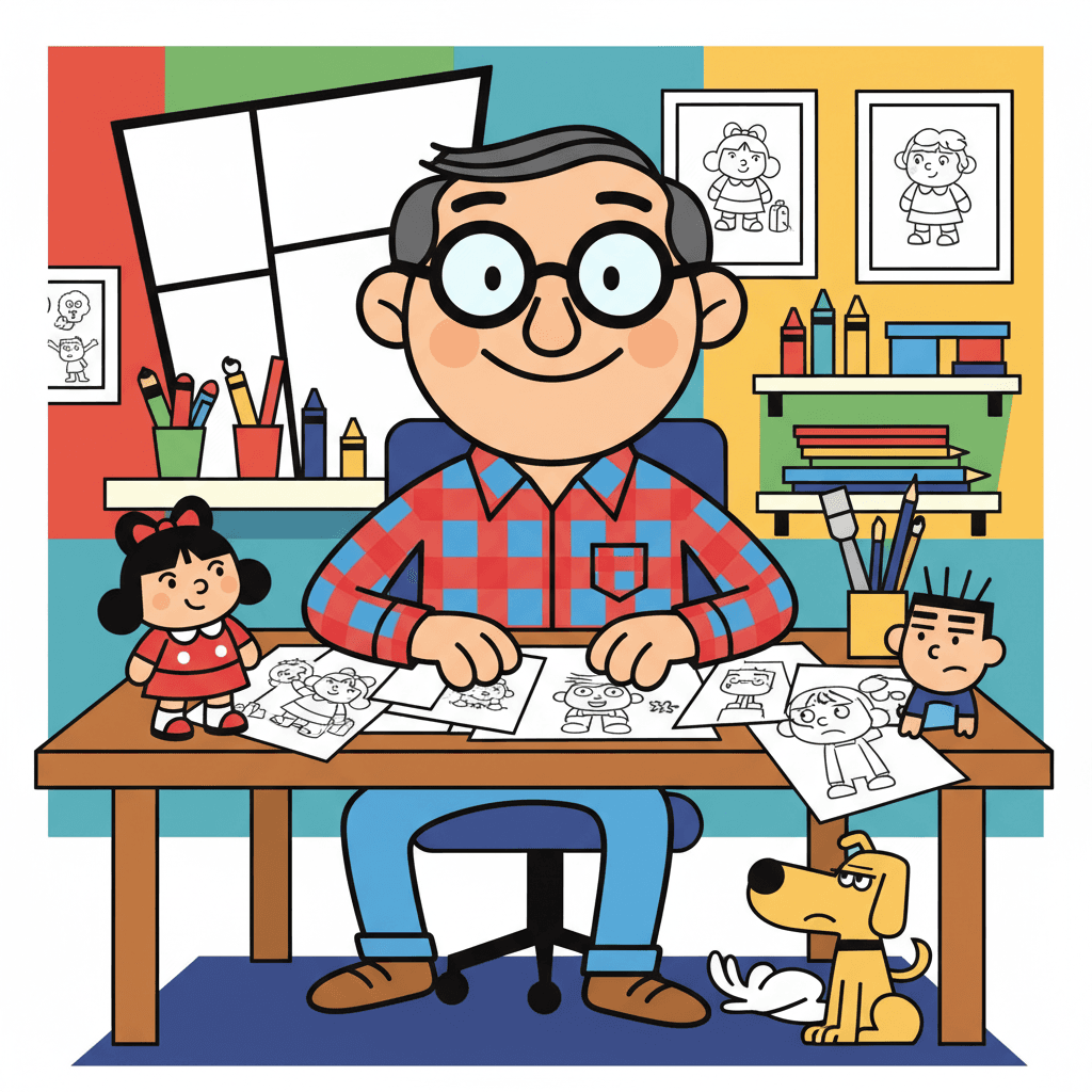 sentado à mesa cercado de esboços