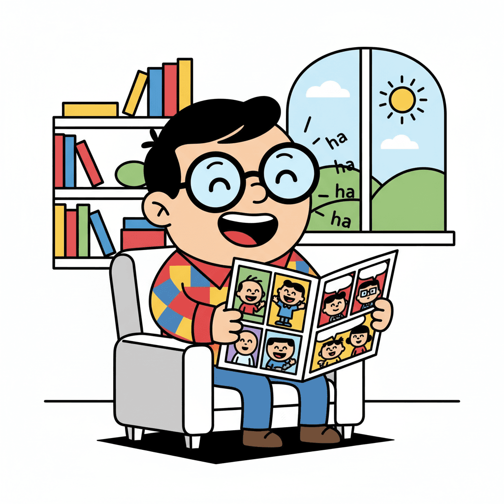 lendo uma tirinha e rindo