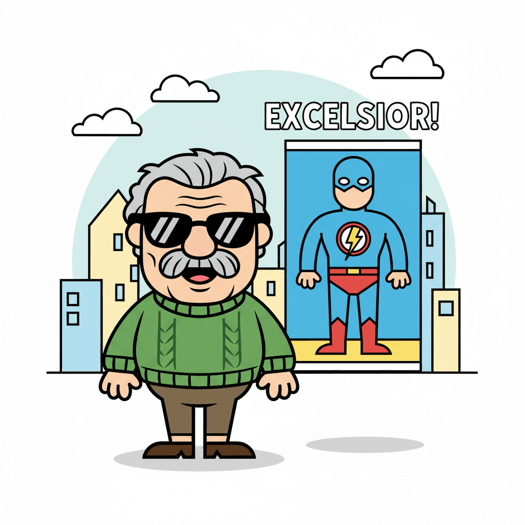 ao lado de um pôster de super-herói