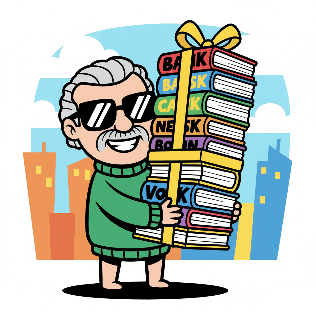 sorrindo com uma pilha de gibis