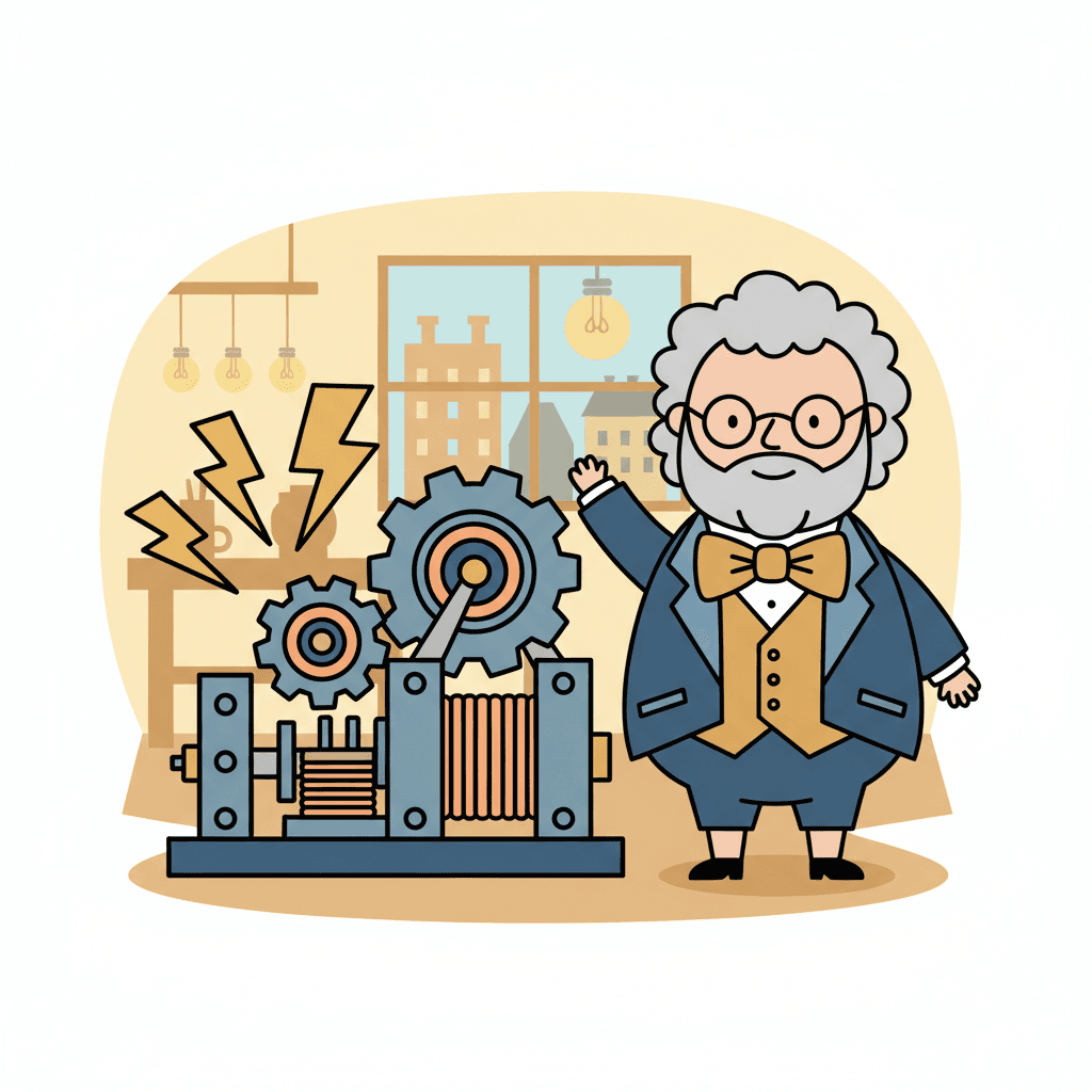 ao lado de um grande dínamo elétrico