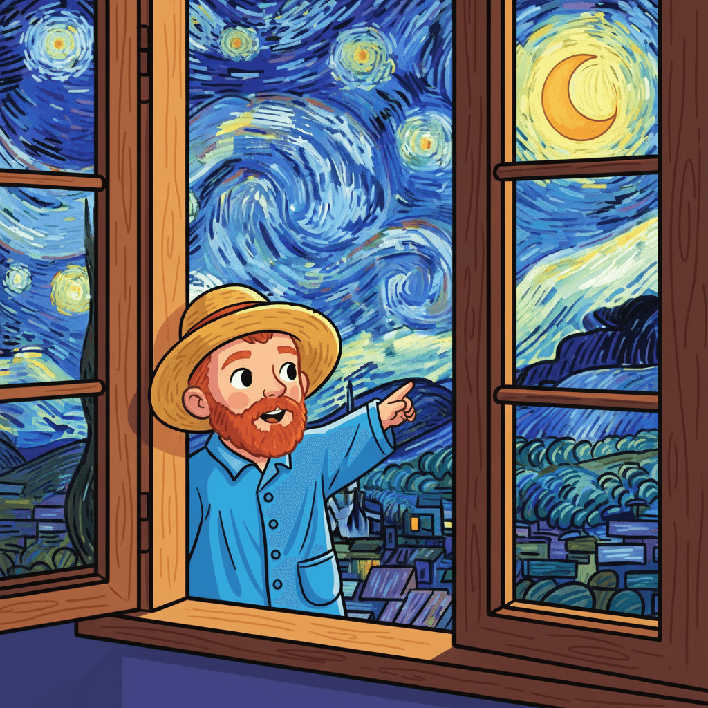 olhando a noite estrelada da janela