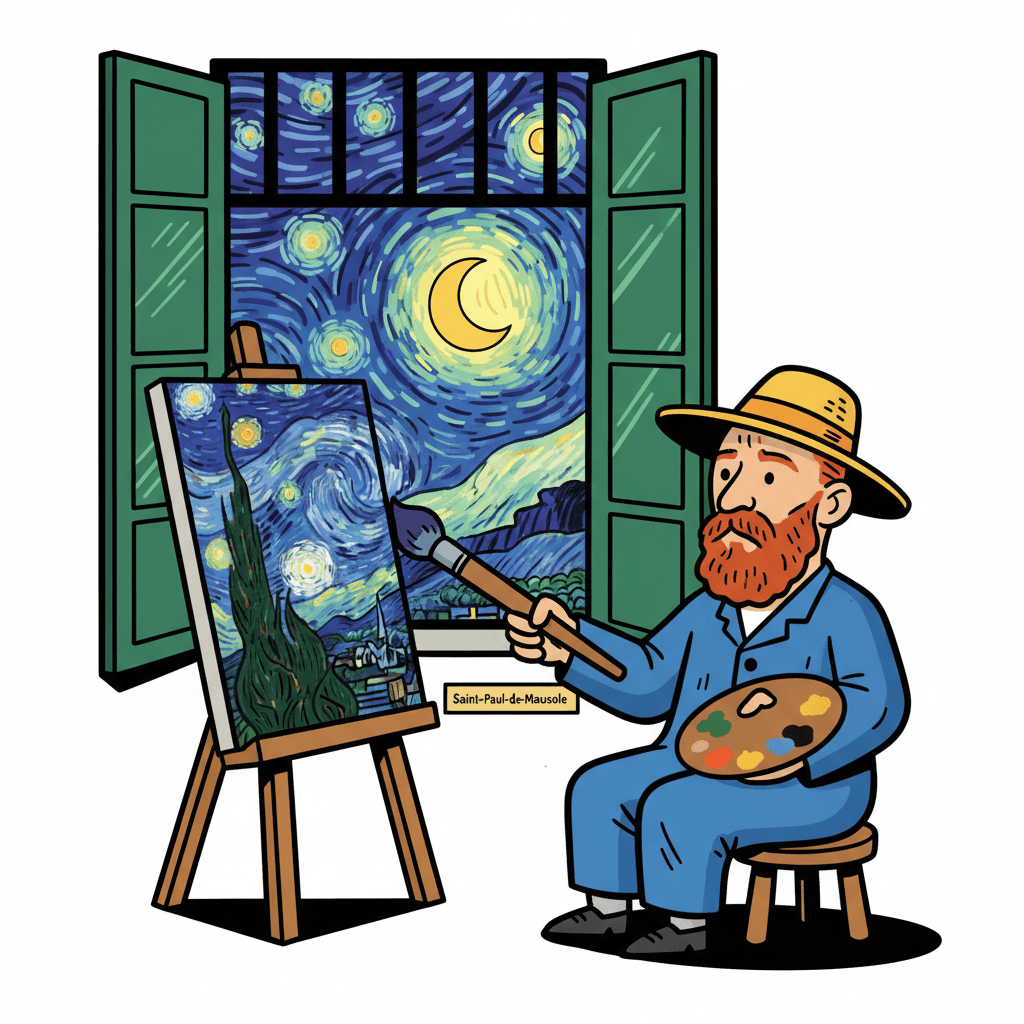 pintando 'A Noite Estrelada' da janela de um asilo